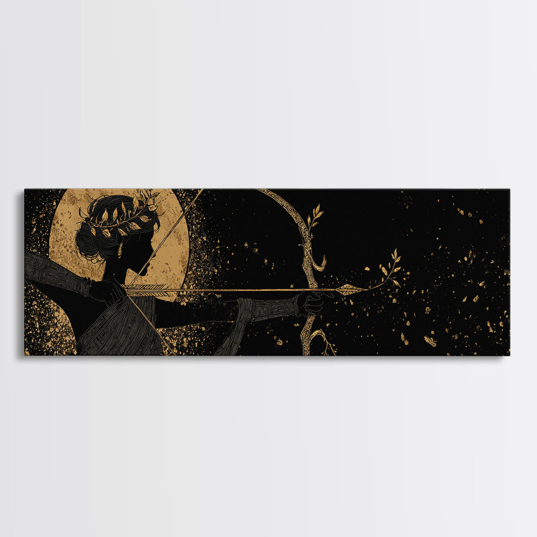Divine Artemis With Bow And Moon, Mythology Inspired Gold Canvas Print, Goddess Wall Art, Real Wood Frame