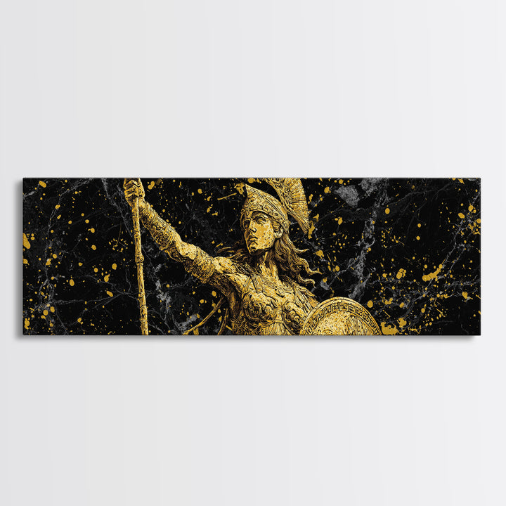 Athena Goddess Of Wisdom And War, Ancient Greek Gold Canvas Print, Mythology Warrior Wall Art, Real Wood Frame