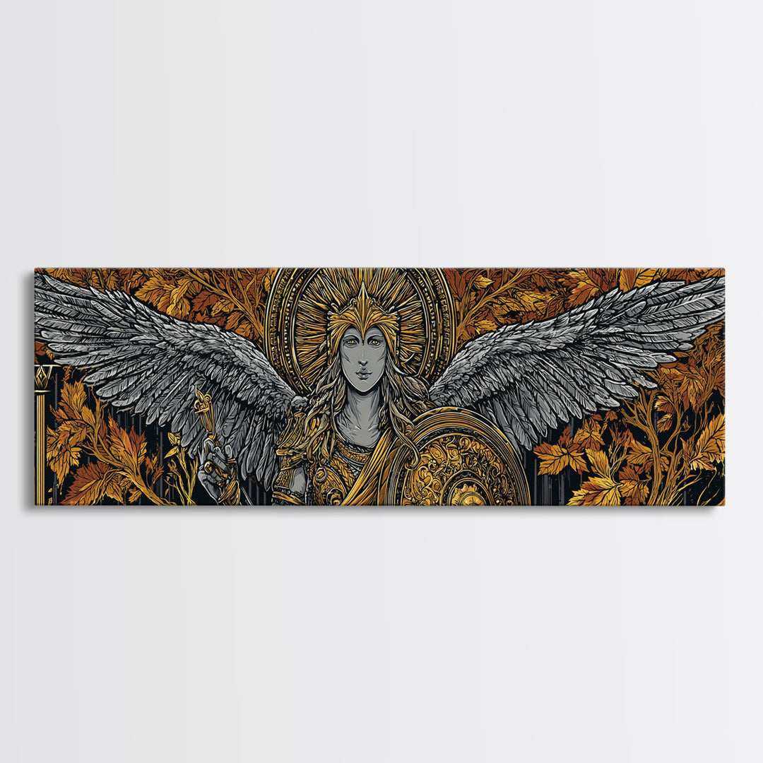 Athena With Wings And Shield, Ancient Greek Goddess Gold Canvas Print, Mythology Warrior Wall Art, Real Wood Frame