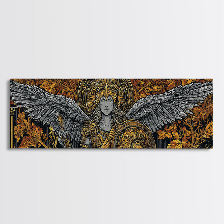 Athena With Wings And Shield, Ancient Greek Goddess Gold Canvas Print, Mythology Warrior Wall Art, Real Wood Frame