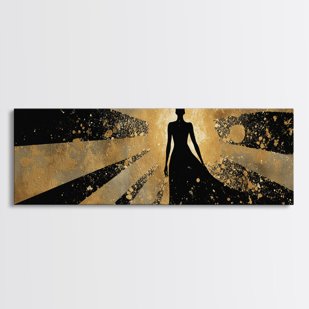 Divine Goddess Silhouette, Radiant Light Rays Wall Decor, Gold Canvas Print, Luxury Mythology Art, Real Wood Frame