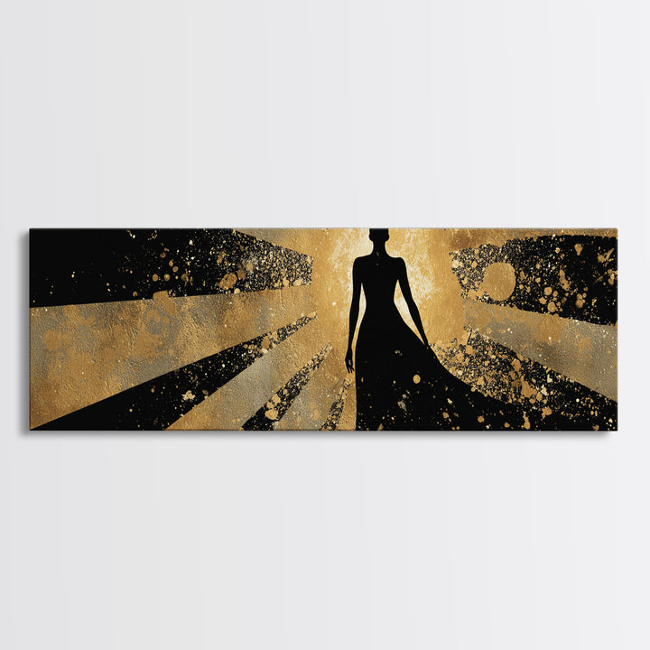 Divine Goddess Silhouette, Radiant Light Rays Wall Decor, Gold Canvas Print, Luxury Mythology Art, Real Wood Frame