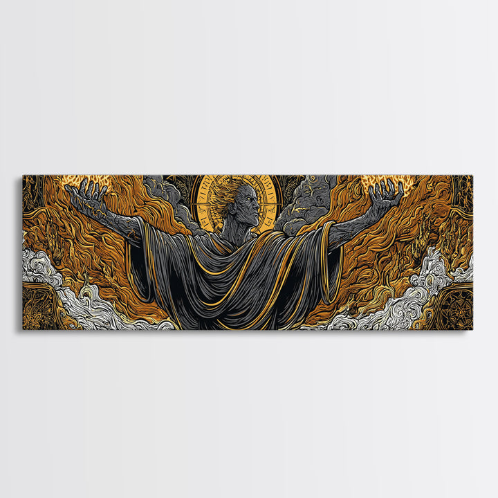 Ancient Titan With Flames, Mythology God Wall Art, Gold Canvas Print, Dramatic Greek Decor, Real Wood Frame