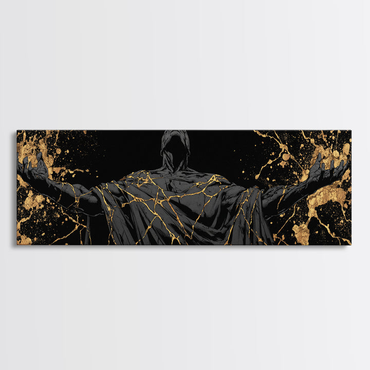 Broken God Kintsugi Style, Abstract Mythology Figure, Gold Canvas Print, Elegant Modern Wall Art, Real Wood Frame
