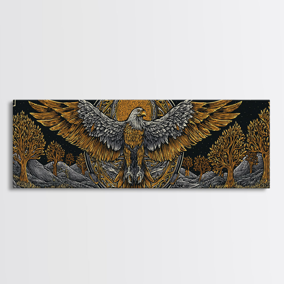 Eagle With Outstretched Wings, Mythology Bird Wall Decor, Gold Canvas Print, Symbolic Strength Art, Real Wood Frame