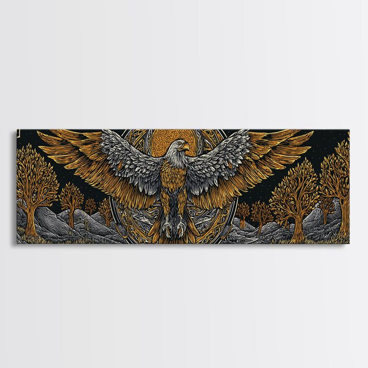 Eagle With Outstretched Wings, Mythology Bird Wall Decor, Gold Canvas Print, Symbolic Strength Art, Real Wood Frame