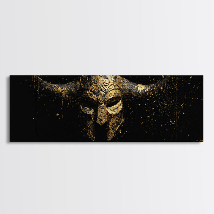 Warrior Viking Helmet, Norse Mythology Wall Art, Gold Canvas Print, Dramatic Historical Decor, Real Wood Frame