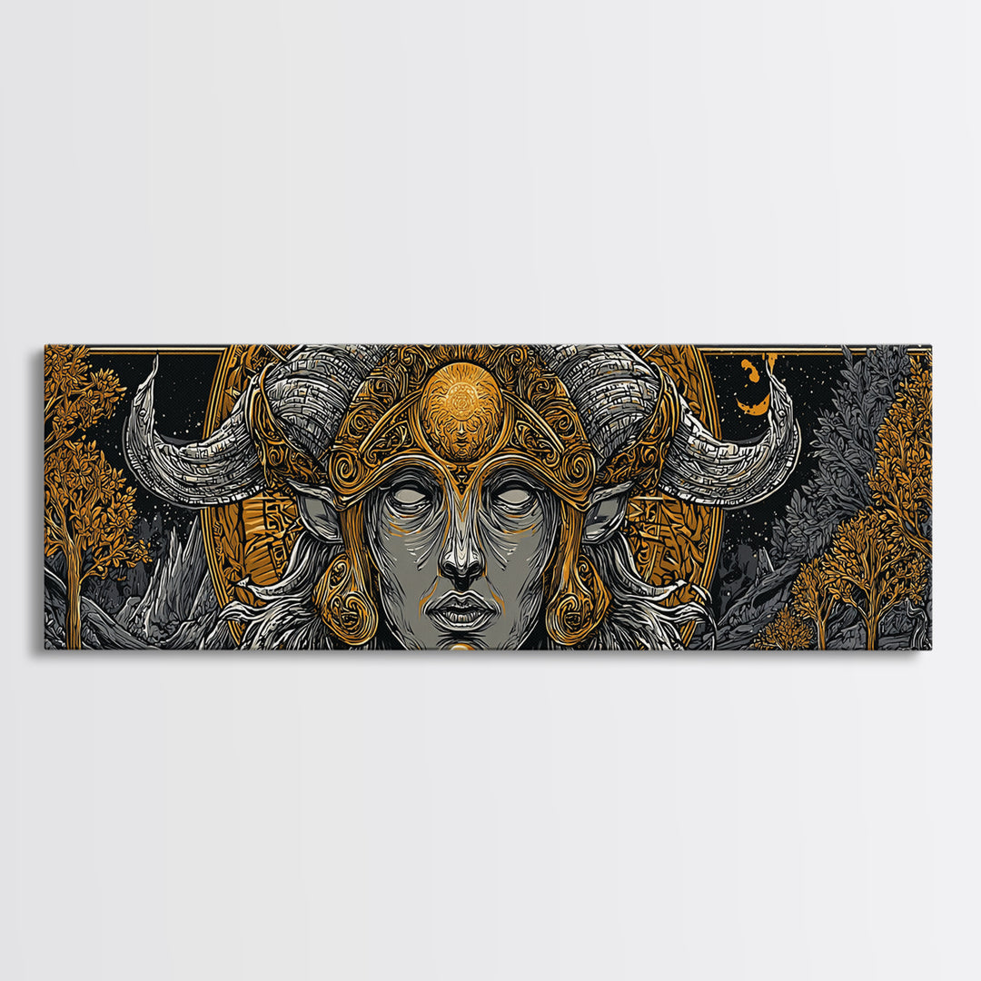 Horned Goddess Portrait, Celtic Mythology Wall Decor, Gold Canvas Print, Fantasy Pagan Inspired Art, Real Wood Frame