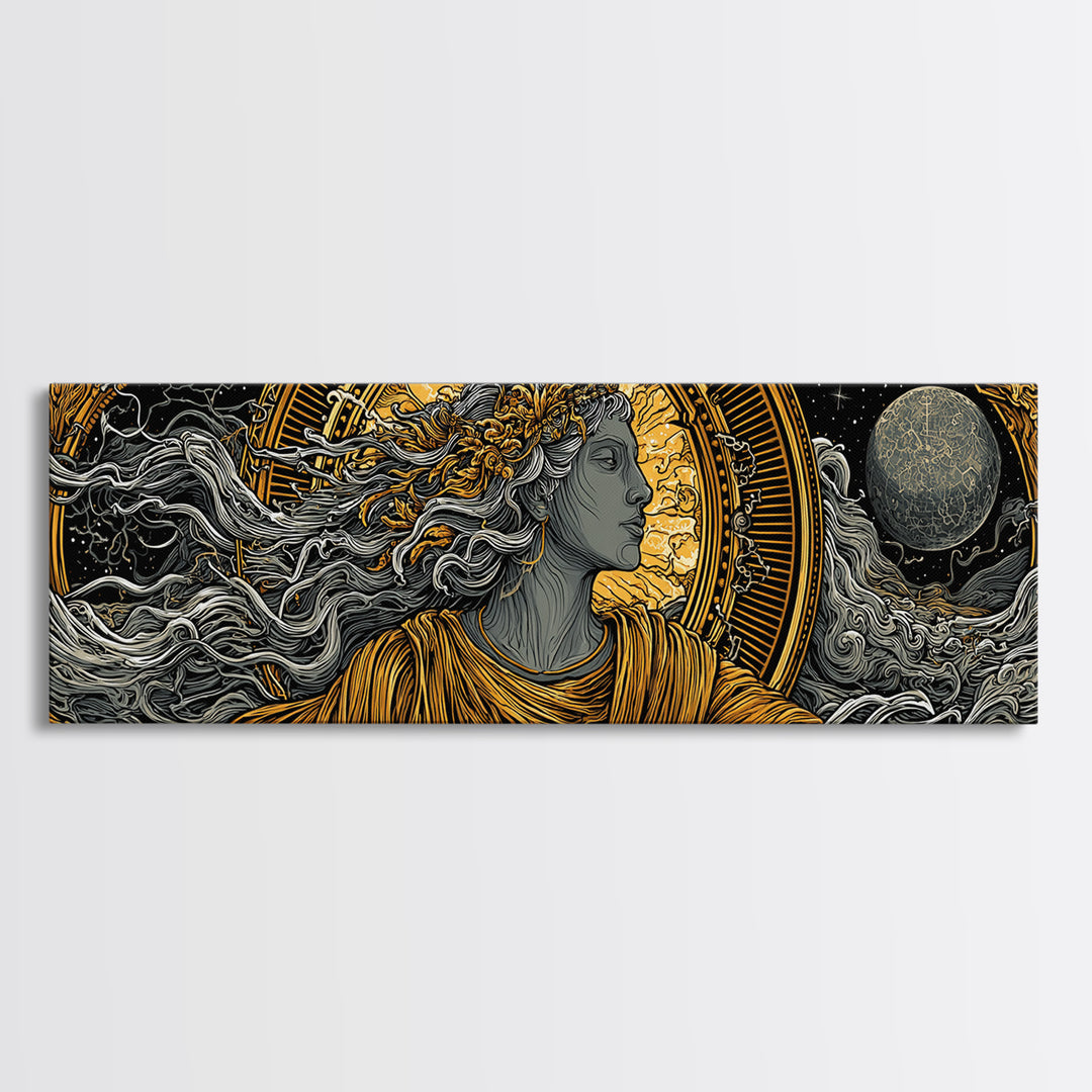 Solar Goddess With Moon, Celestial Mythology Wall Art, Gold Canvas Print, Elegant Greek Inspired Decor, Real Wood Frame