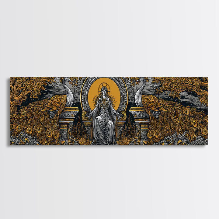 Queen Goddess With Peacocks, Mythology Regal Wall Art, Gold Canvas Print, Luxurious Divine Decor, Real Wood Frame