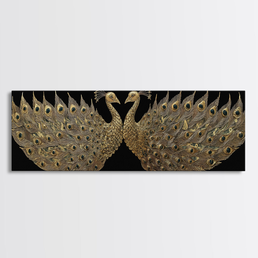 Twin Peacock Feathers, Elegant Bird Wall Decor, Gold Canvas Print, Symbolic Decorative Art, Real Wood Frame