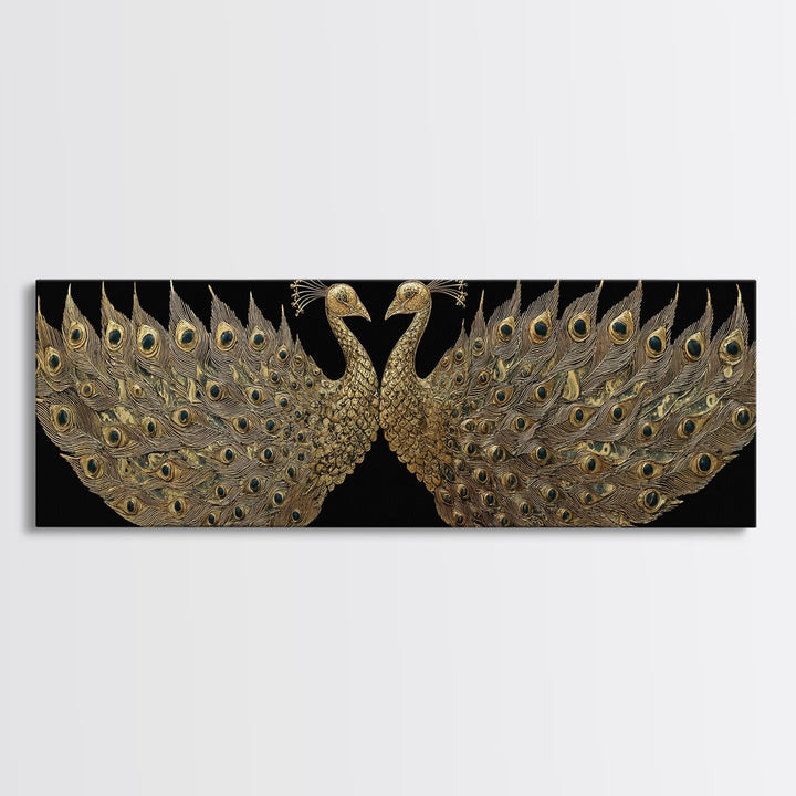 Twin Peacock Feathers, Elegant Bird Wall Decor, Gold Canvas Print, Symbolic Decorative Art, Real Wood Frame