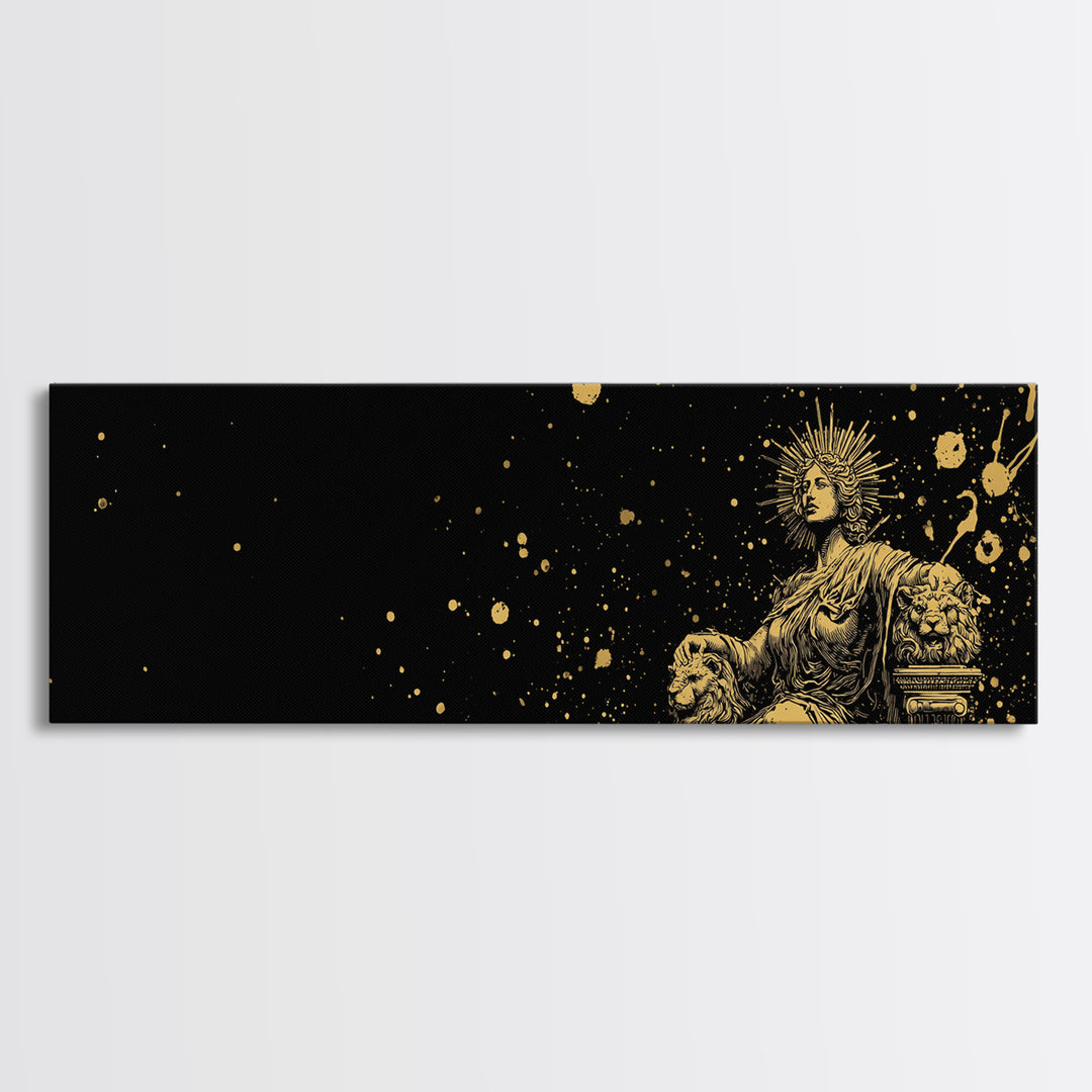 Celestial Goddess On Throne, Mythology Divine Wall Decor, Gold Canvas Print, Cosmic Starry Art, Real Wood Frame