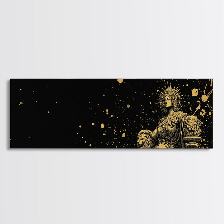 Celestial Goddess On Throne, Mythology Divine Wall Decor, Gold Canvas Print, Cosmic Starry Art, Real Wood Frame