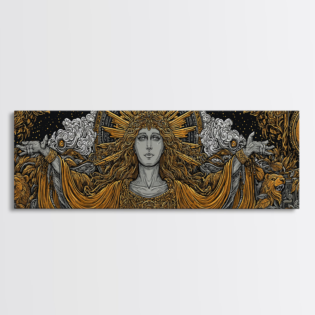 Hera Goddess Gold Canvas Print, Greek Mythology Wall Art, Regal Woman Illustration, Real Wood Frame, Luxury Home Decor