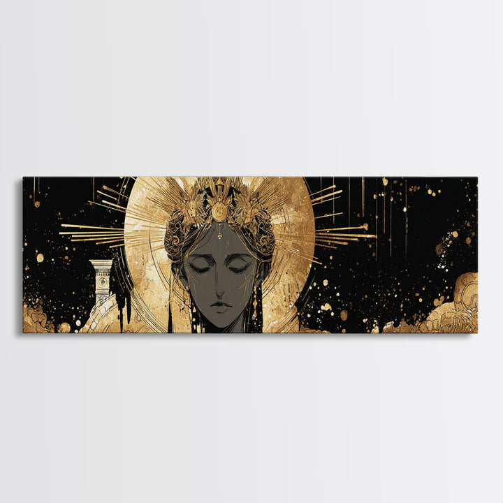 Hera Divine Gold Canvas Print, Greek Goddess Wall Art, Mythological Woman Portrait, Real Wood Frame, Elegant Home Decor