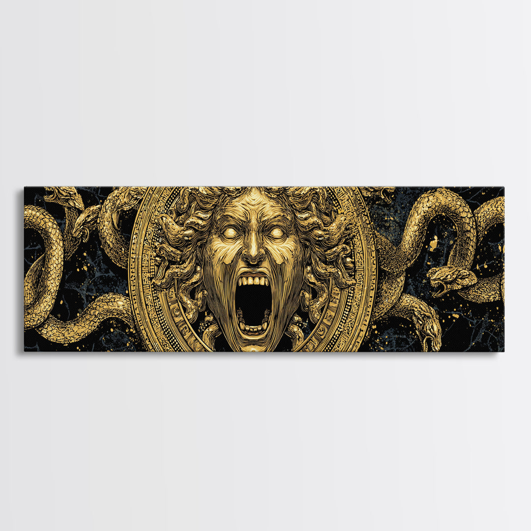 Medusa Gold Canvas Print, Mythology Wall Art, Serpent Hair Gorgon Illustration, Greek Goddess Decor, Real Wood Frame, Luxury