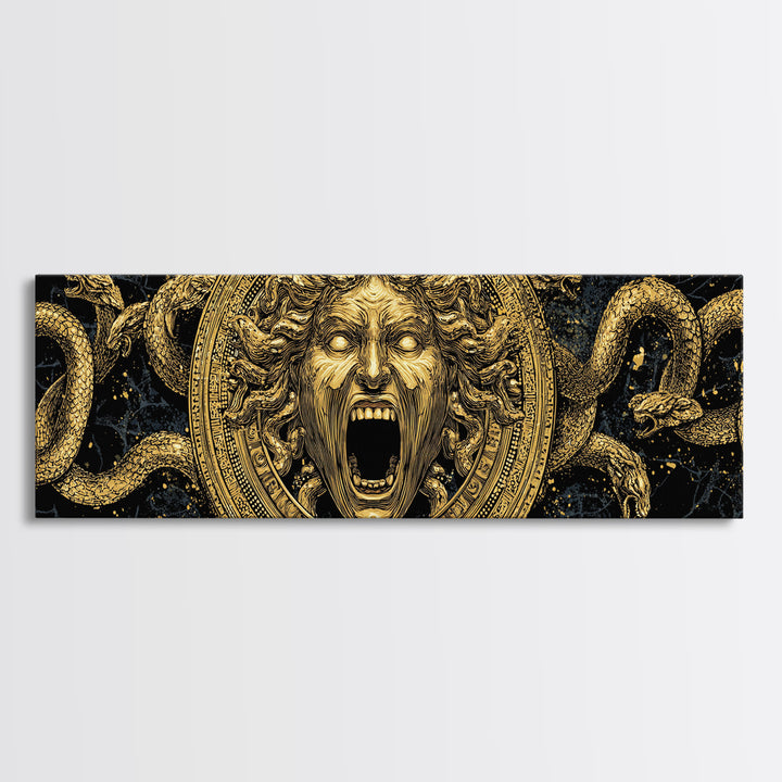 Medusa Gold Canvas Print, Mythology Wall Art, Serpent Hair Gorgon Illustration, Greek Goddess Decor, Real Wood Frame, Luxury