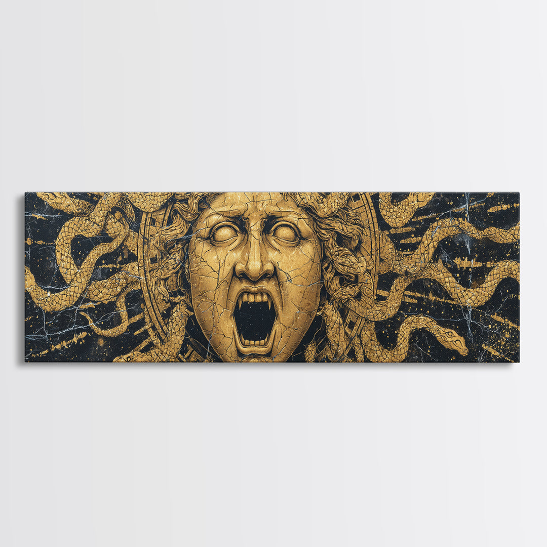 Medusa Serpent Gold Canvas Print, Greek Mythology Wall Art, Gorgon Face Illustration, Real Wood Frame, Unique Statement Decor