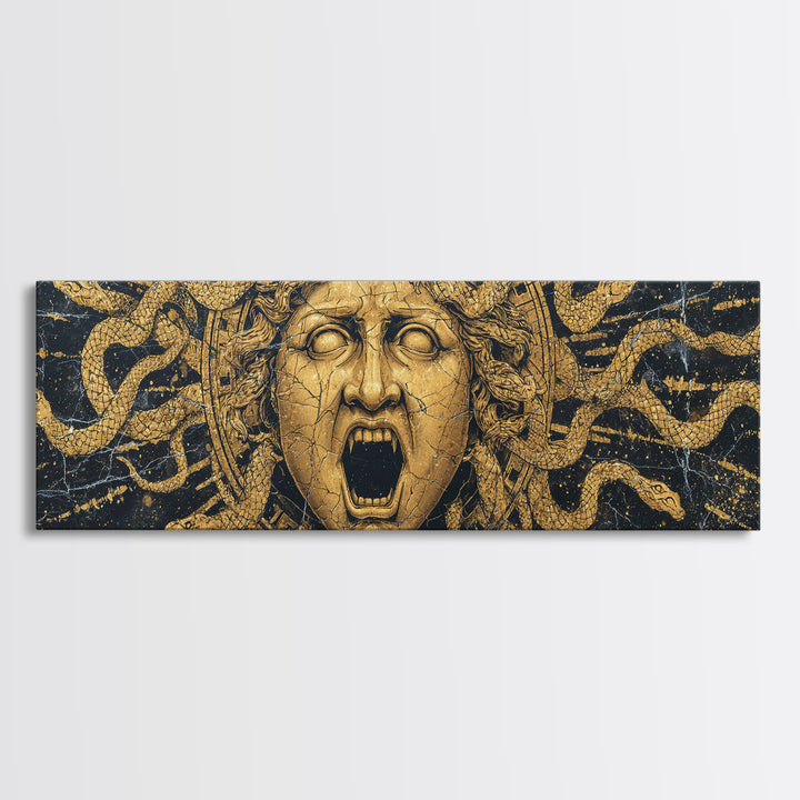 Medusa Serpent Gold Canvas Print, Greek Mythology Wall Art, Gorgon Face Illustration, Real Wood Frame, Unique Statement Decor