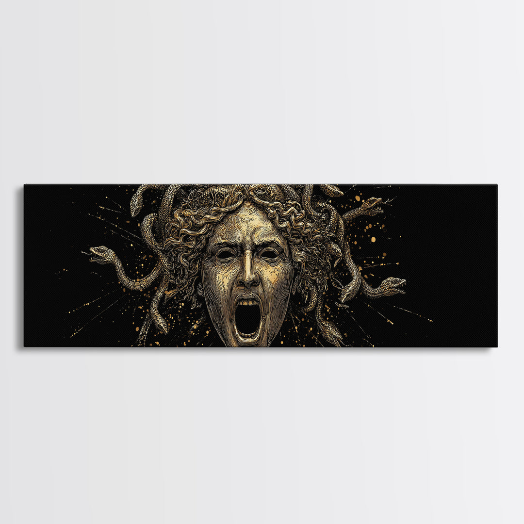 Medusa Head Gold Canvas Art, Greek Mythological Gorgon Wall Print, Snake Hair Woman Illustration, Real Wood Frame, Bold Luxury Decor
