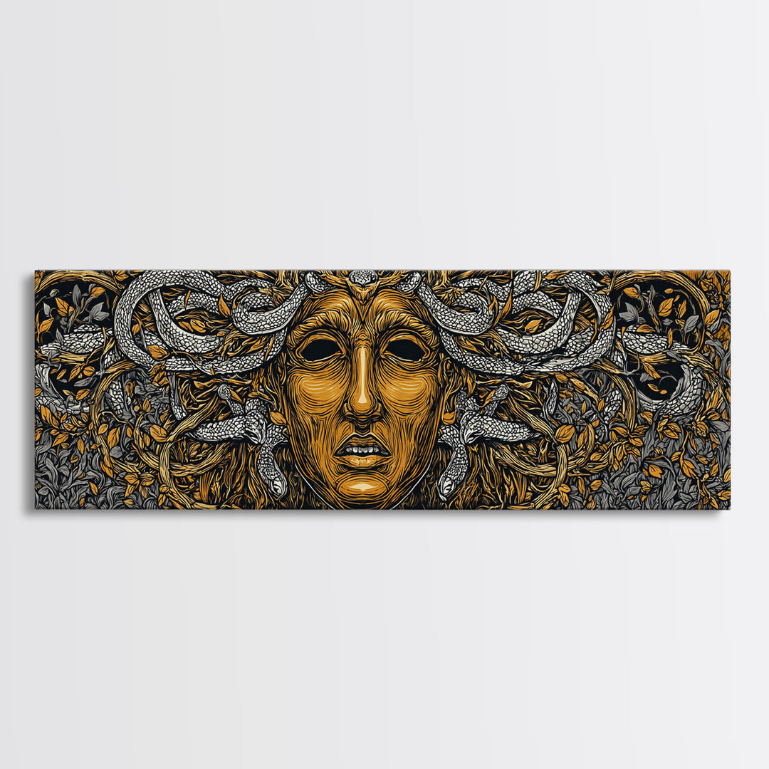 Medusa Myth Gold Canvas Print, Snake Goddess Wall Art, Ancient Greek Gorgon Illustration, Real Wood Frame, Dramatic Luxury Decor