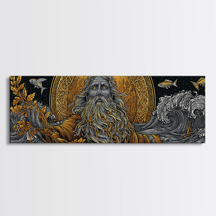 Oceanus Gold Canvas Print, Greek Titan Of The Sea, Mythology Wall Art, Flowing Waves Illustration, Real Wood Frame, Ocean Decor