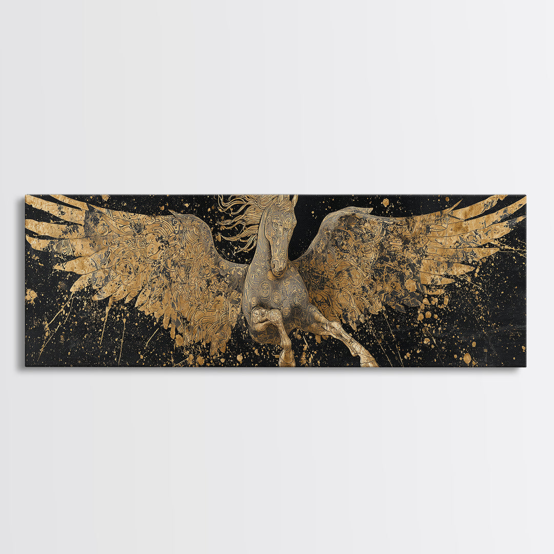 Pegasus Flying Gold Canvas Print, Greek Mythology Horse Wall Art, Real Wood Frame, Luxury Decorative Artwork