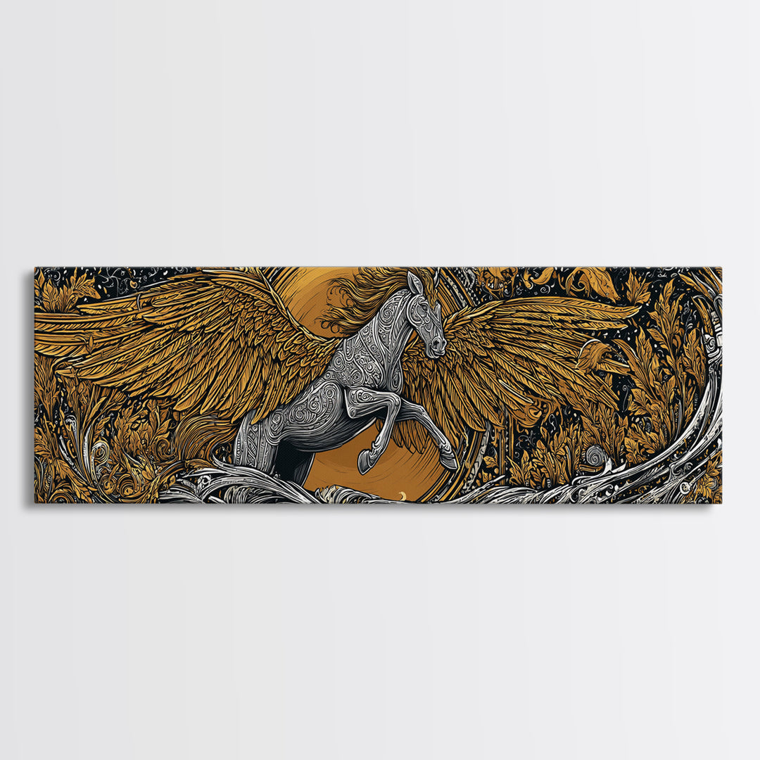 Pegasus Rising Gold Canvas Print, Mythological Horse Wall Art, Real Wood Frame, Luxury Collectible Decorative Art