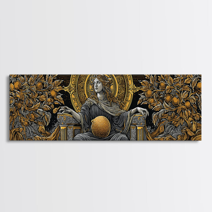 Persephone Throne Gold Canvas Print, Goddess Of Spring Wall Art, Real Wood Frame, Mythology Artwork For Decor