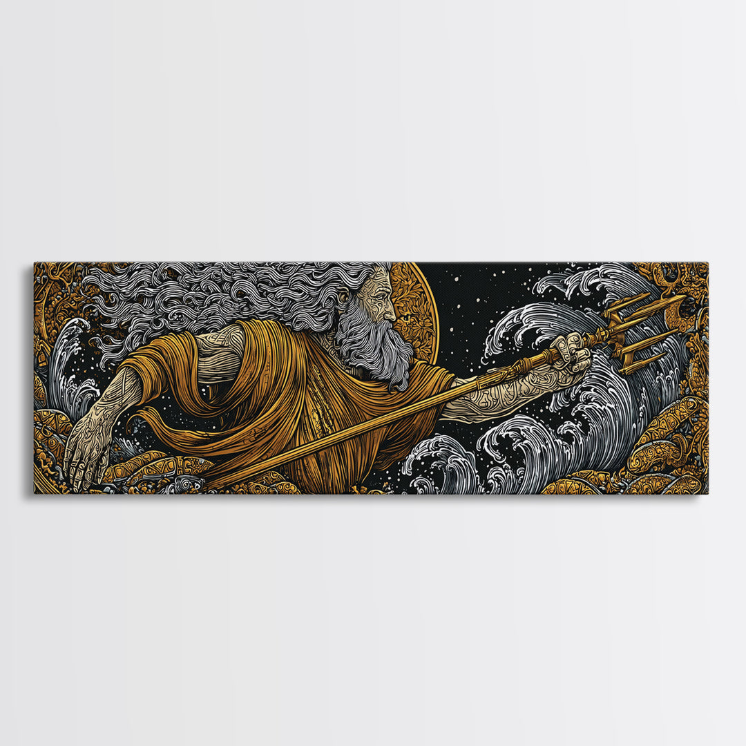 Poseidon Wields Gold Canvas Print, Sea God Wall Art, Real Wood Frame, Mythological Ocean Artwork For Home Decor