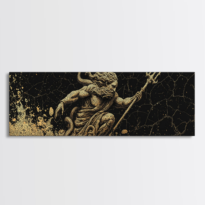 Poseidon Ocean Gold Canvas Print, Greek Mythology Wall Art, Real Wood Frame, Decorative God Of The Sea Artwork