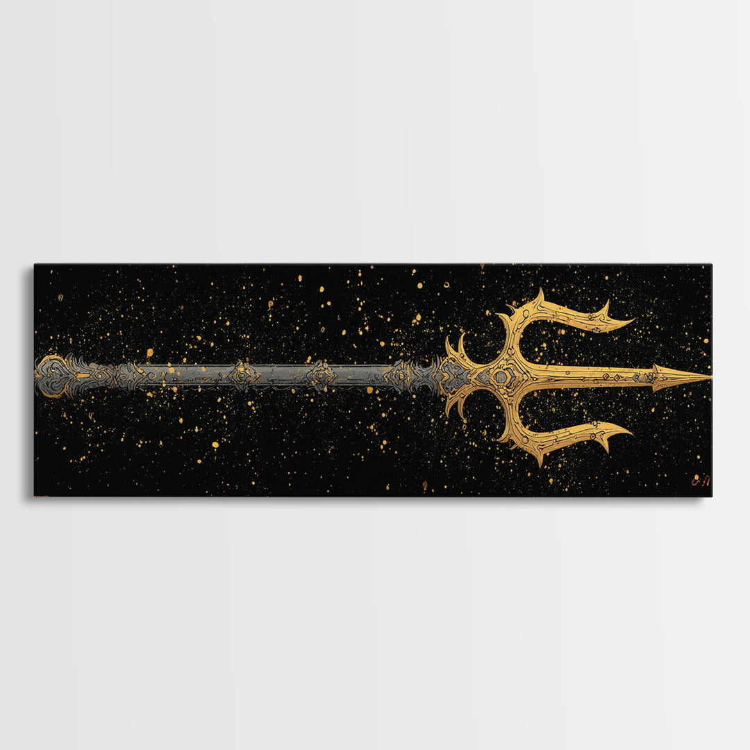 Poseidon Trident Gold Canvas Print, Mythology Wall Art, Real Wood Frame, Sea God Artwork For Home Or Office Decor