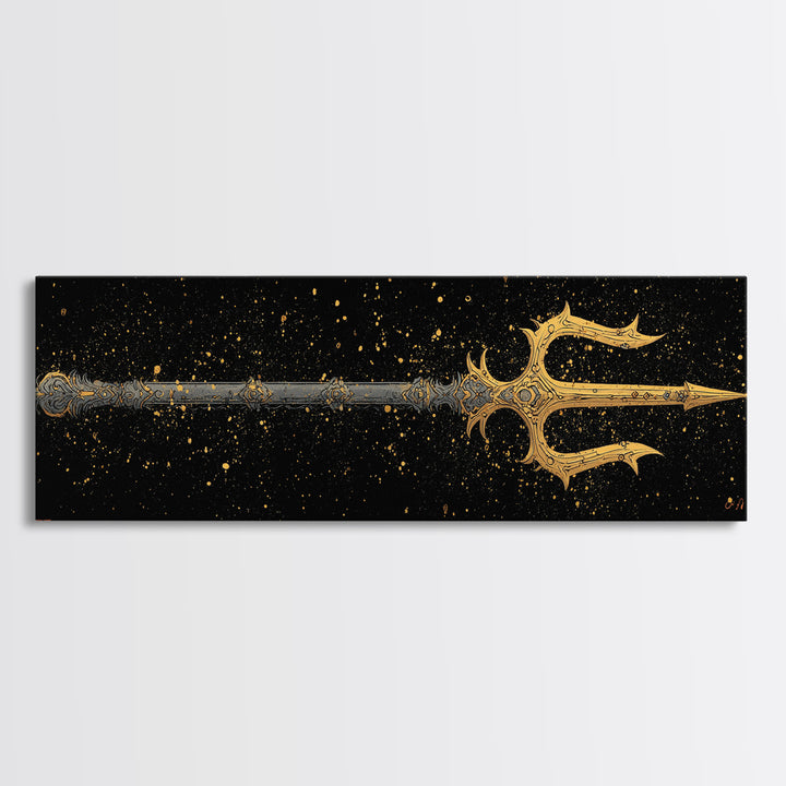 Poseidon Trident Gold Canvas Print, Mythology Wall Art, Real Wood Frame, Sea God Artwork For Home Or Office Decor
