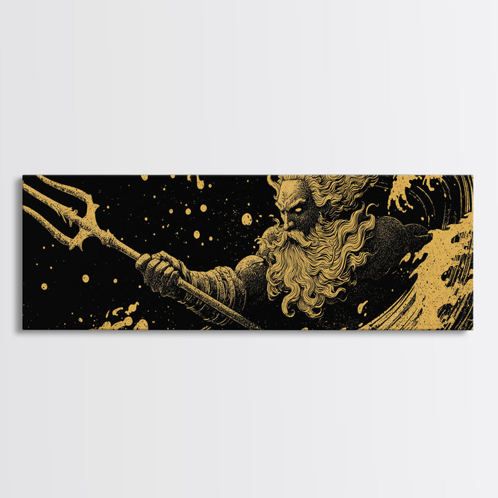 Poseidon Waves Gold Canvas Print, Mythological Sea God Wall Art, Real Wood Frame, Luxury Decorative Greek Artwork