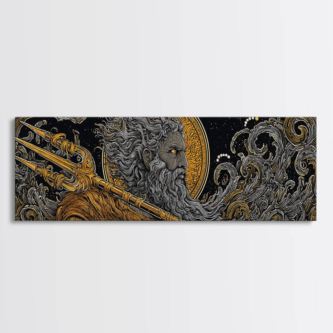 Poseidon With Trident Gold Canvas Print, Greek Mythology Wall Art, Real Wood Framed Canvas Artwork, Luxury Home Decor