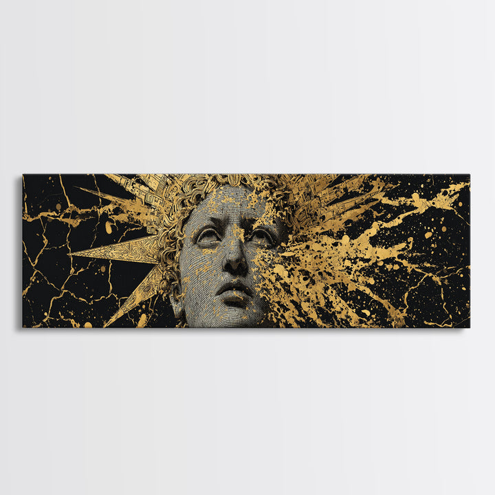 Prometheus Sunburst Bust Gold Canvas Print, Greek Statue Inspired Wall Art, Real Wood Frame, Elegant Mythology Artwork