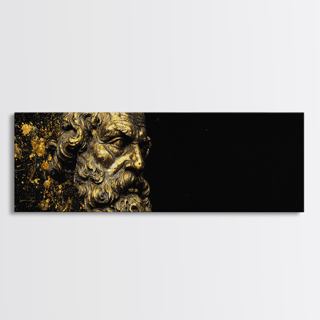 Socrates Bust Gold Canvas Art, Greek Philosopher Canvas Print, Classical Statue Inspired Artwork, Real Wood Frame Wall Decor