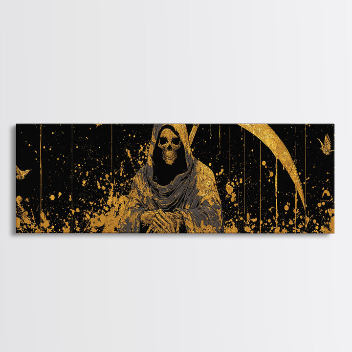 Thanatos Grim Reaper Gold Canvas Print, Mythology Inspired Wall Art, Real Wood Framed Canvas Artwork, Gothic Home Decor