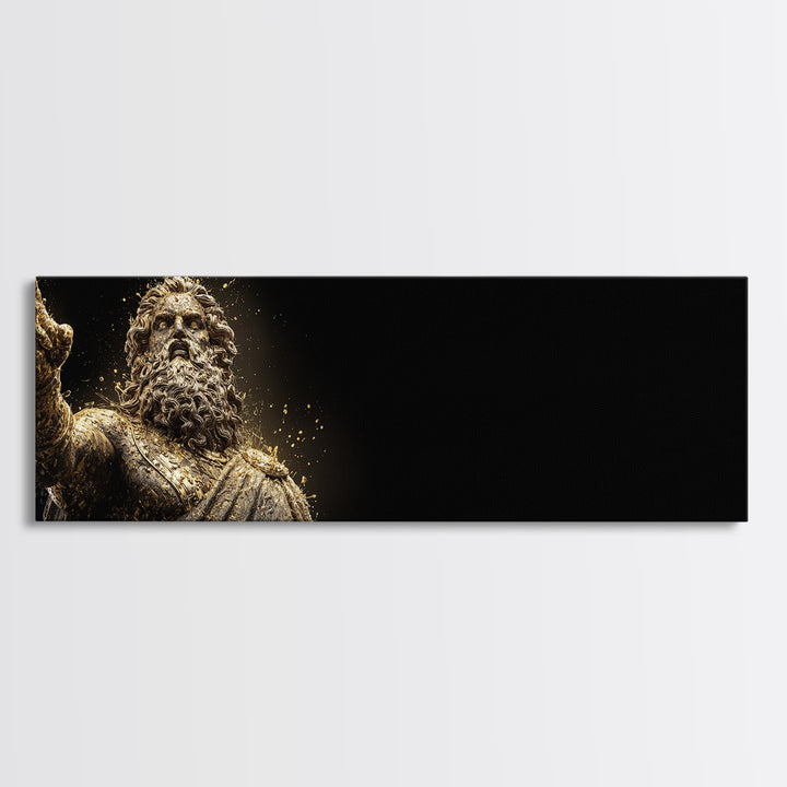Zeus Statue Gold Canvas Print, Greek God Wall Art, Lightning King Decor, Real Wood Frame Mythology Inspired Artwork