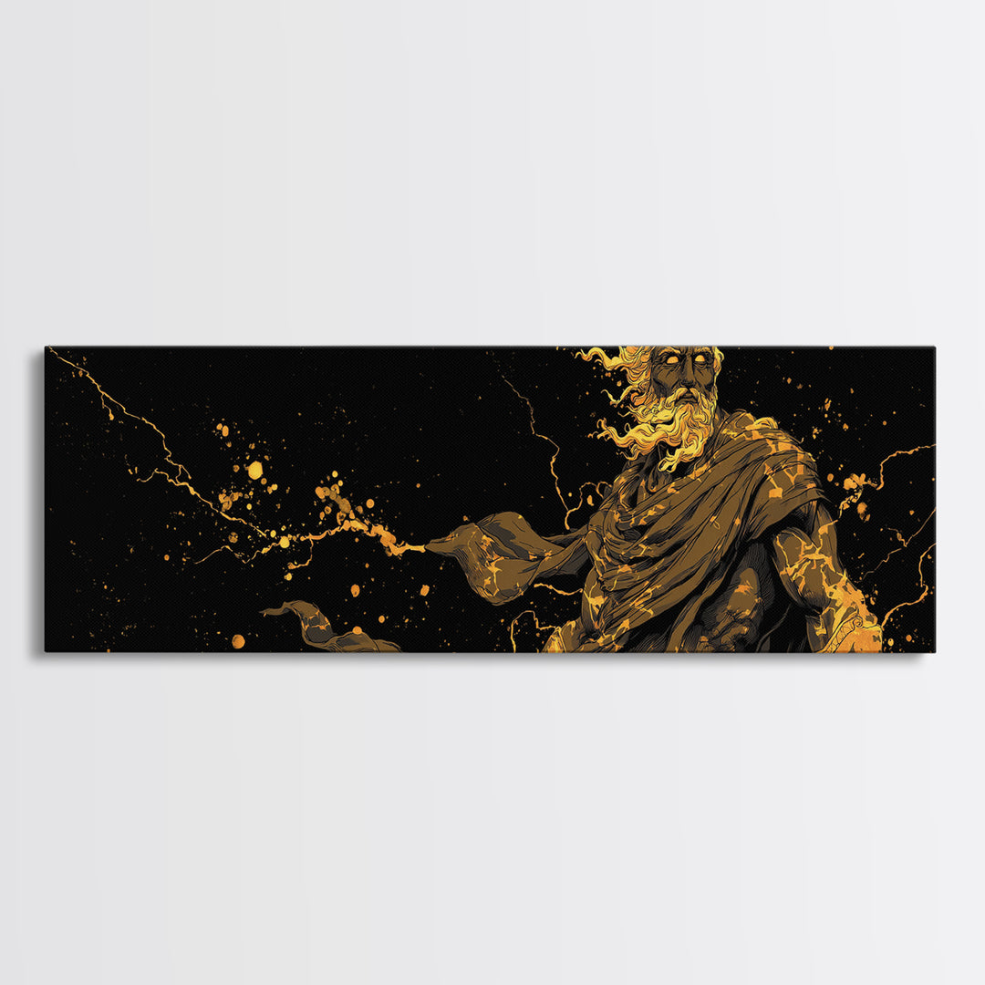 Zeus With Lightning Gold Canvas Art, Greek Mythology Canvas Print, Real Wood Frame Decor, Dramatic Wall Artwork For Home