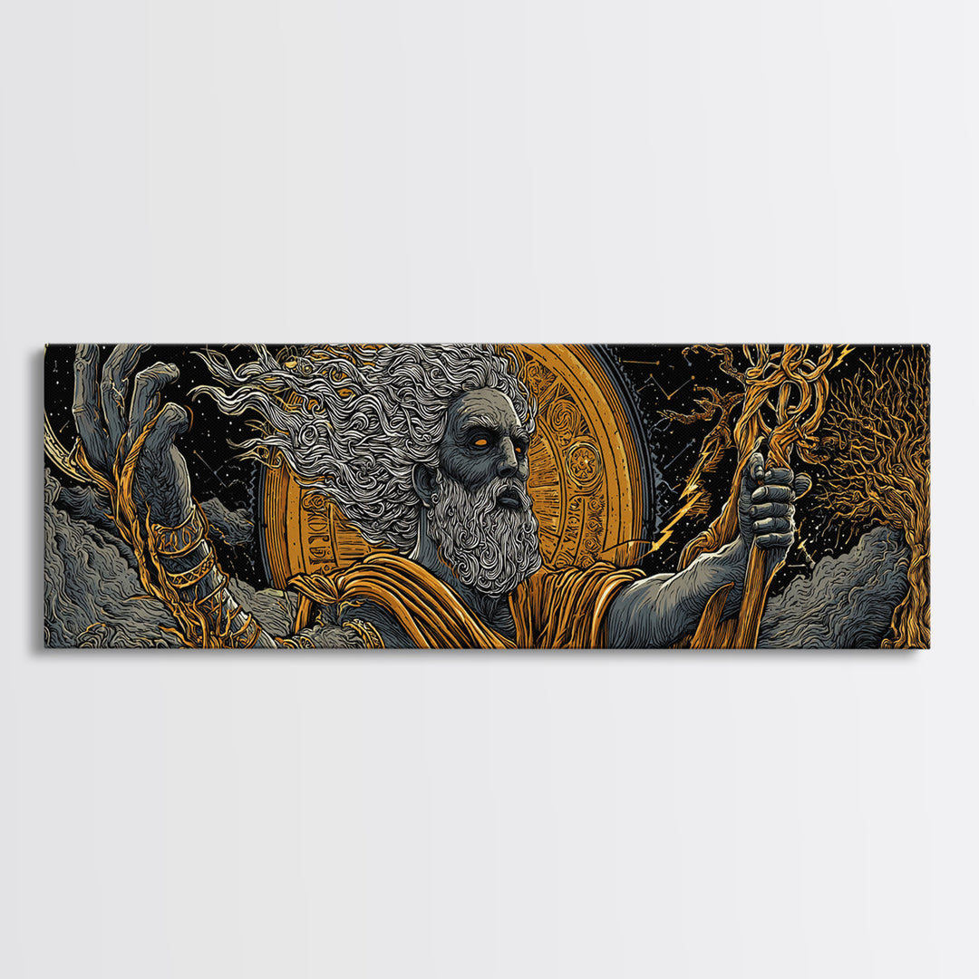 Zeus With Staff Gold Canvas Print, Greek God Wall Art, Regal Mythology Decor, Real Wood Frame Luxury Artwork
