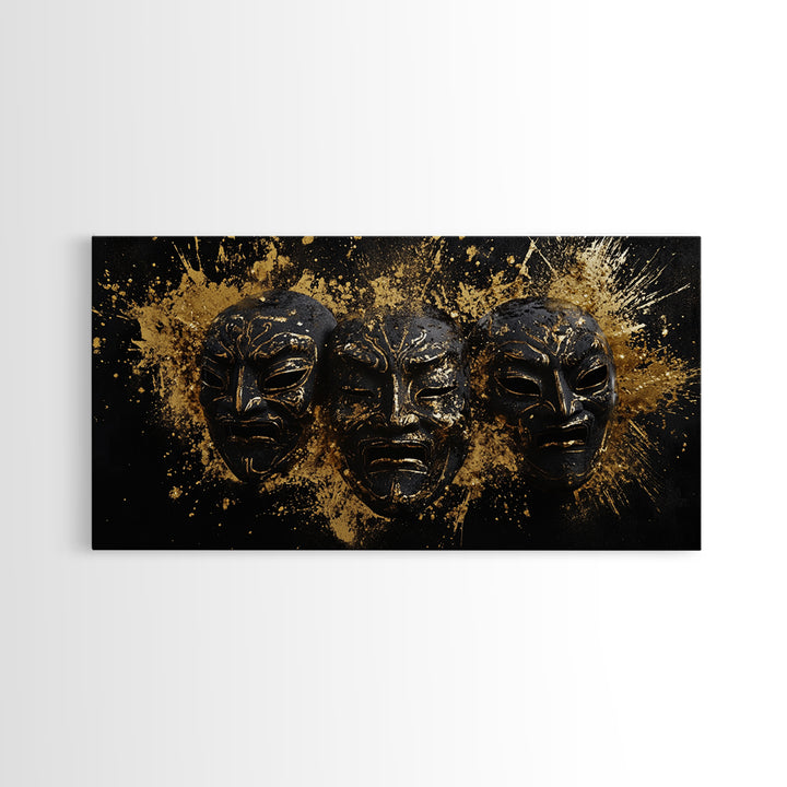 Tribal Drama Mask Gold Canvas Print, Abstract Splatter Art On Canvas, Real Wood Frame Wall Décor, Gothic Theater Artwork
