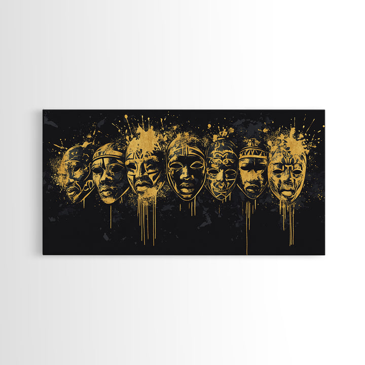 Intricate Regal Mask Gold Canvas Art, Ornate Splatter Canvas Print, Real Wood Frame Wall Décor, Dramatic Statement Artwork