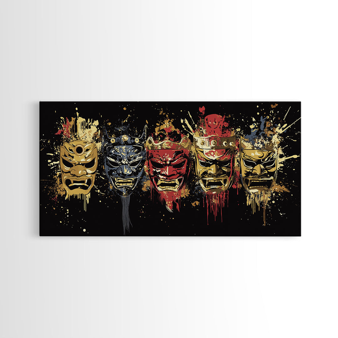 Tribal Mask Gold Canvas Art, Primitive Splatter Canvas Print, Real Wood Frame Wall Décor, Ethnic Gothic Statement Artwork