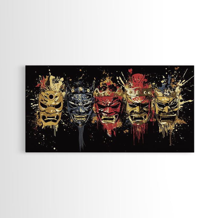 Tribal Mask Gold Canvas Art, Primitive Splatter Canvas Print, Real Wood Frame Wall Décor, Ethnic Gothic Statement Artwork