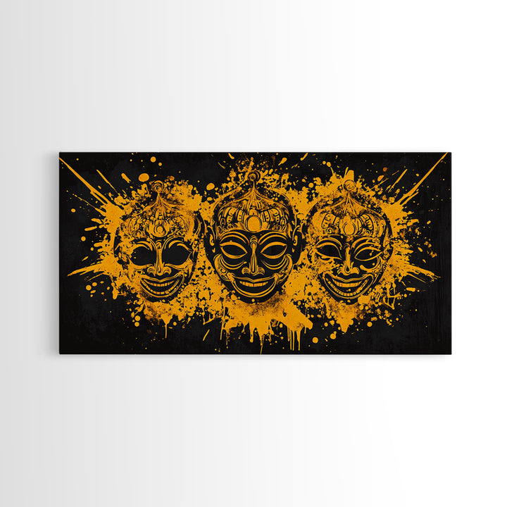 Ancient Warrior Mask Gold Canvas Art, Tribal Splatter Canvas Print, Real Wood Frame Wall Décor, Bold Dramatic Statement Art