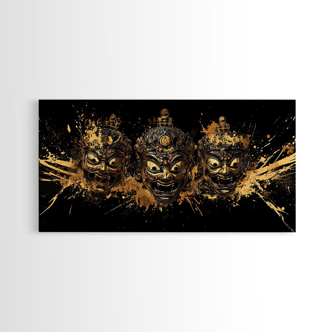Theatrical Mask Gold Canvas Print, Gothic Splatter Art On Canvas, Real Wood Frame Wall Décor, Dark Drama Statement Art