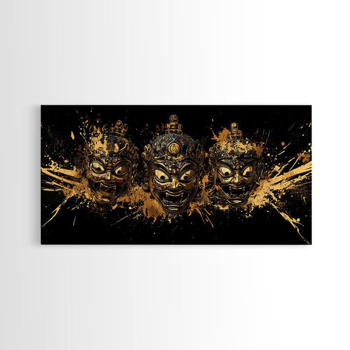 Theatrical Mask Gold Canvas Print, Gothic Splatter Art On Canvas, Real Wood Frame Wall Décor, Dark Drama Statement Art