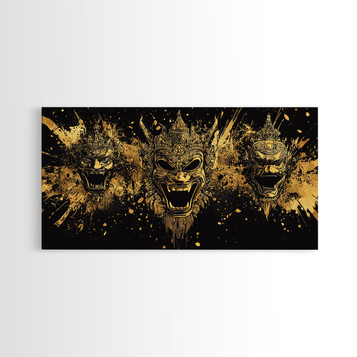 Royal Mask Gold Canvas Art, Splatter Canvas Print With Ornate Details, Real Wood Frame Wall Décor, Dramatic Theater Artwork